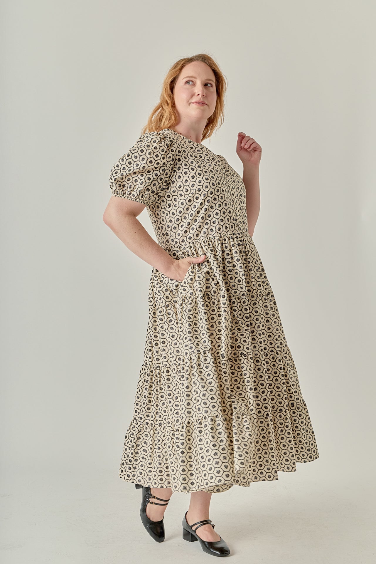 Plus Size Print Puff Sleeve Midi Dress Beige/black / 3X