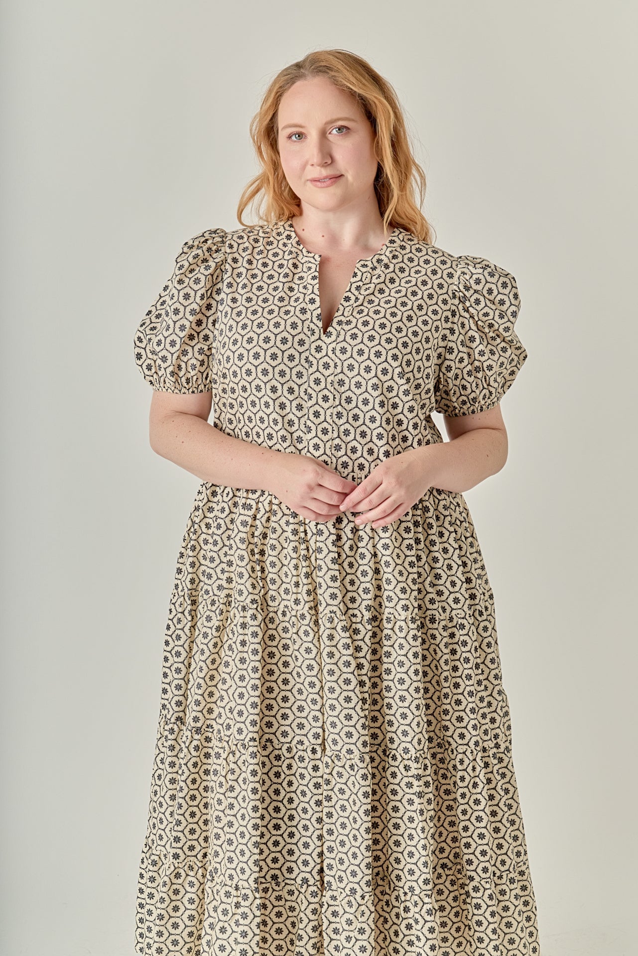 Plus Size Print Puff Sleeve Midi Dress BEIGE/BLACK / 3X Plus Size Print Puff Sleeve Midi Dress BEIGE/BLACK / 3X