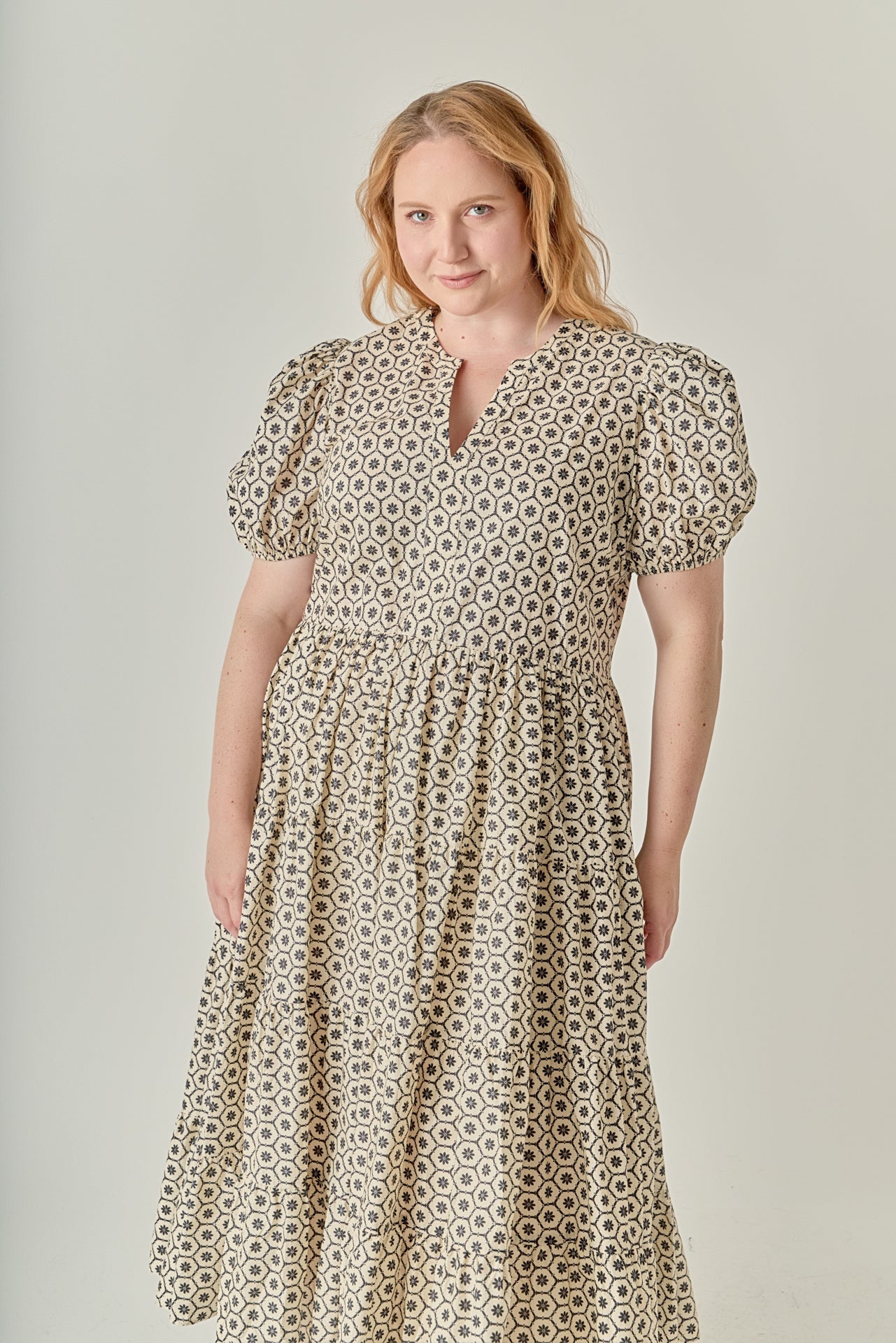 plus size midi dresses with sleeves Plus Size Print Puff Sleeve Midi Dress BEIGE/BLACK / 3X