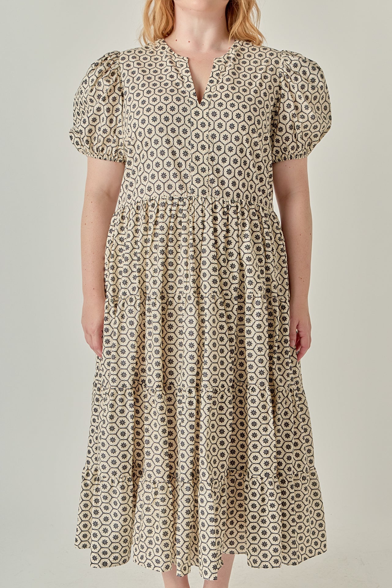 Plus Size Print Puff Sleeve Midi Dress