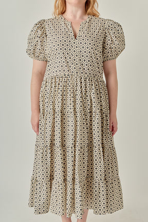 Plus Size Print Puff Sleeve Midi Dress