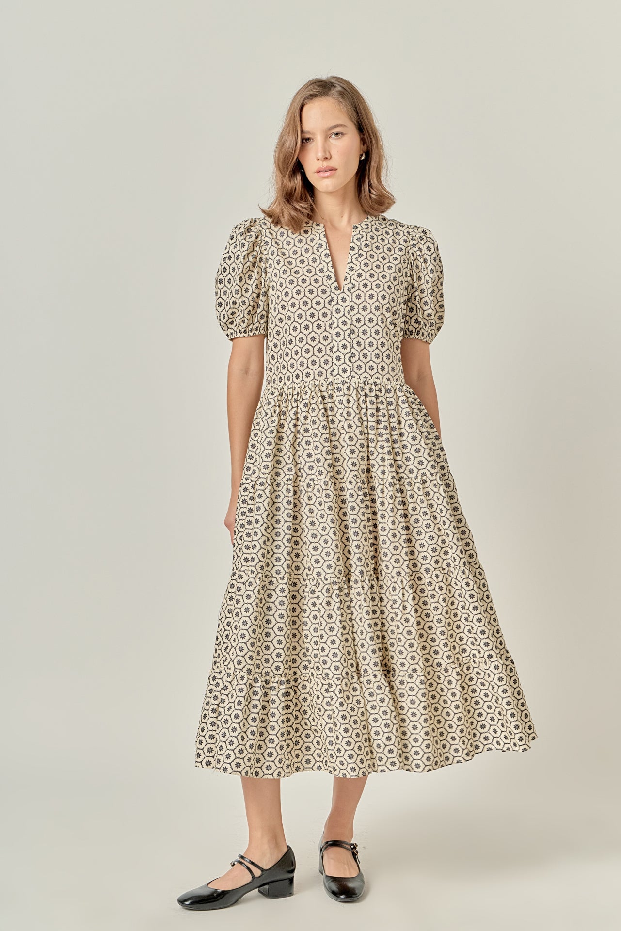 Petite Print Puff Sleeve Midi Dress