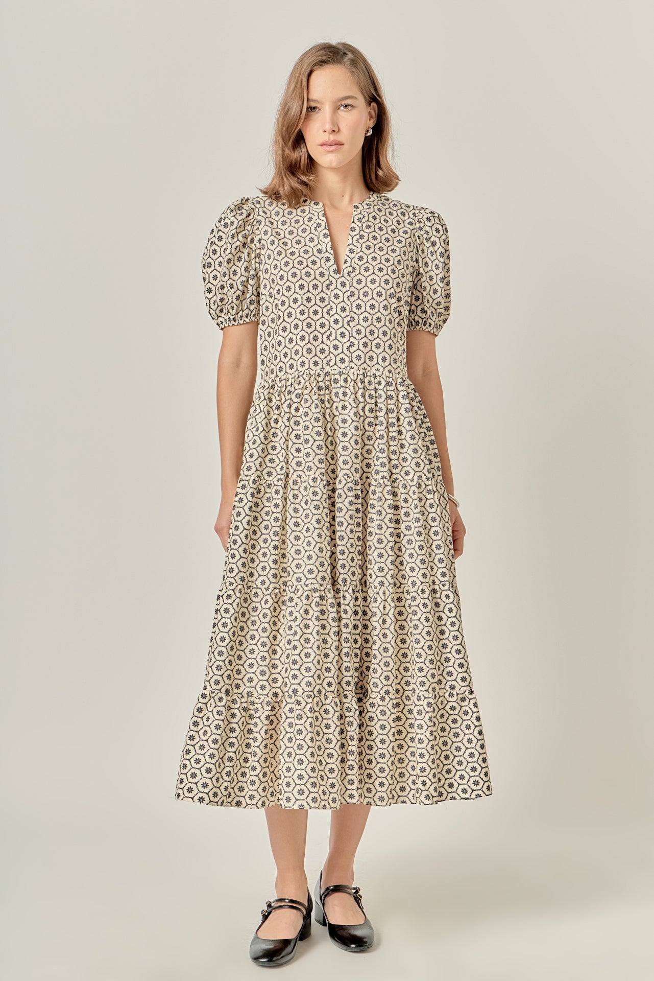 Petite Print Puff Sleeve Midi Dress