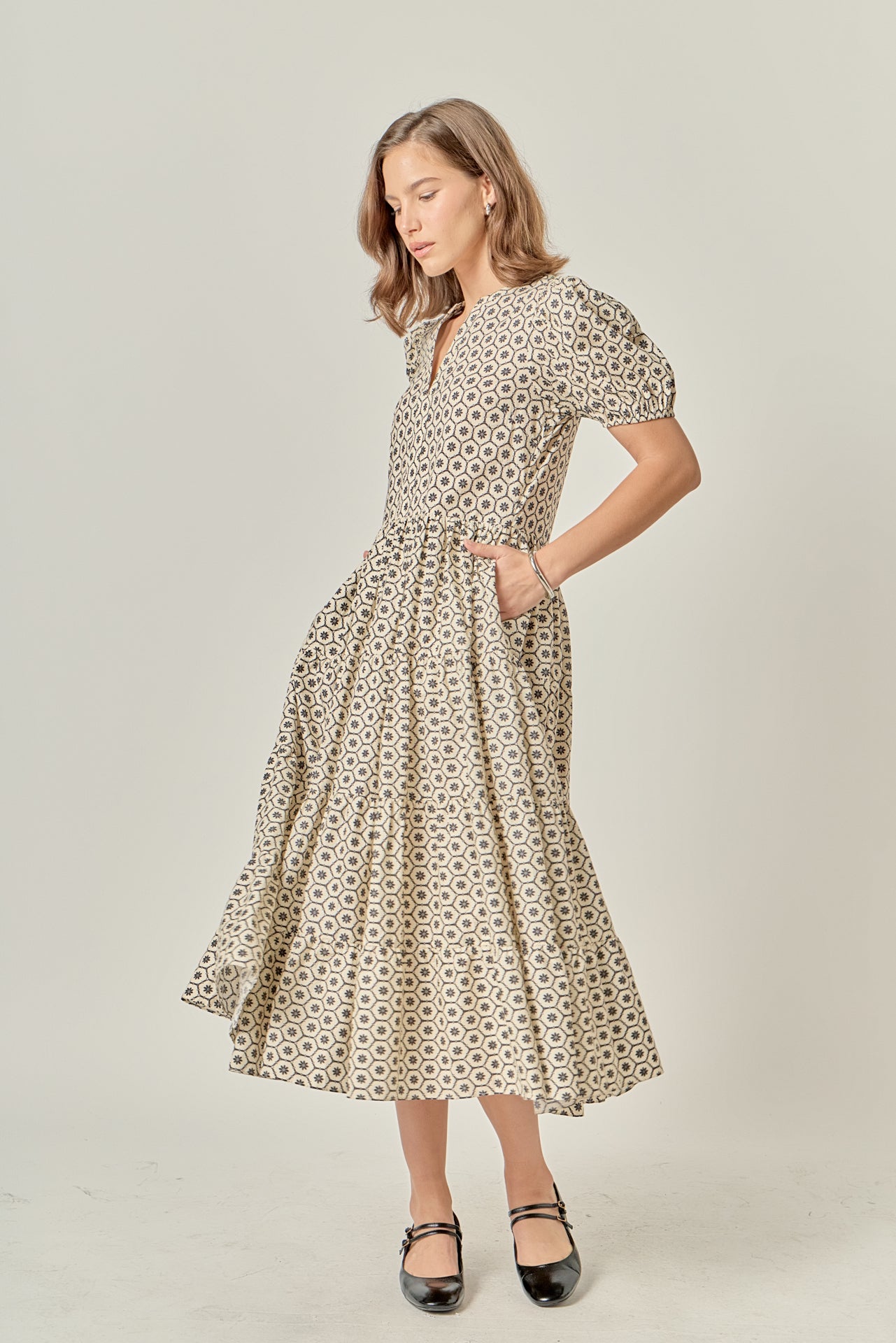 Petite Print Puff Sleeve Midi Dress