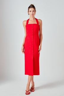 MARSY - Linen Halter Neck Midi Dress - DRESSES available at Objectrare