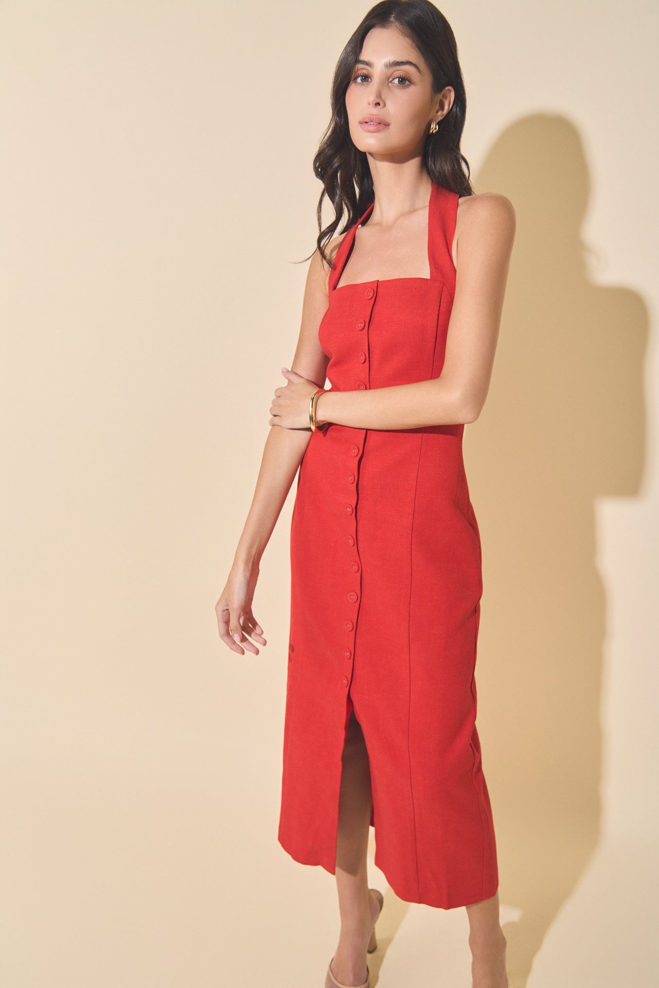 MARSY - Linen Halter Neck Midi Dress - DRESSES available at Objectrare