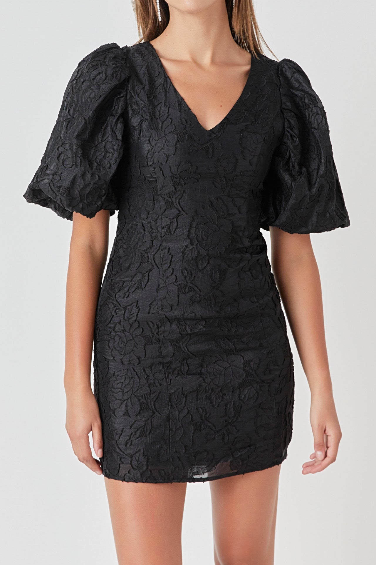ENDLESS ROSE - Floral Jacquard Puff Sleeve Mini Dress - DRESSES available at Objectrare