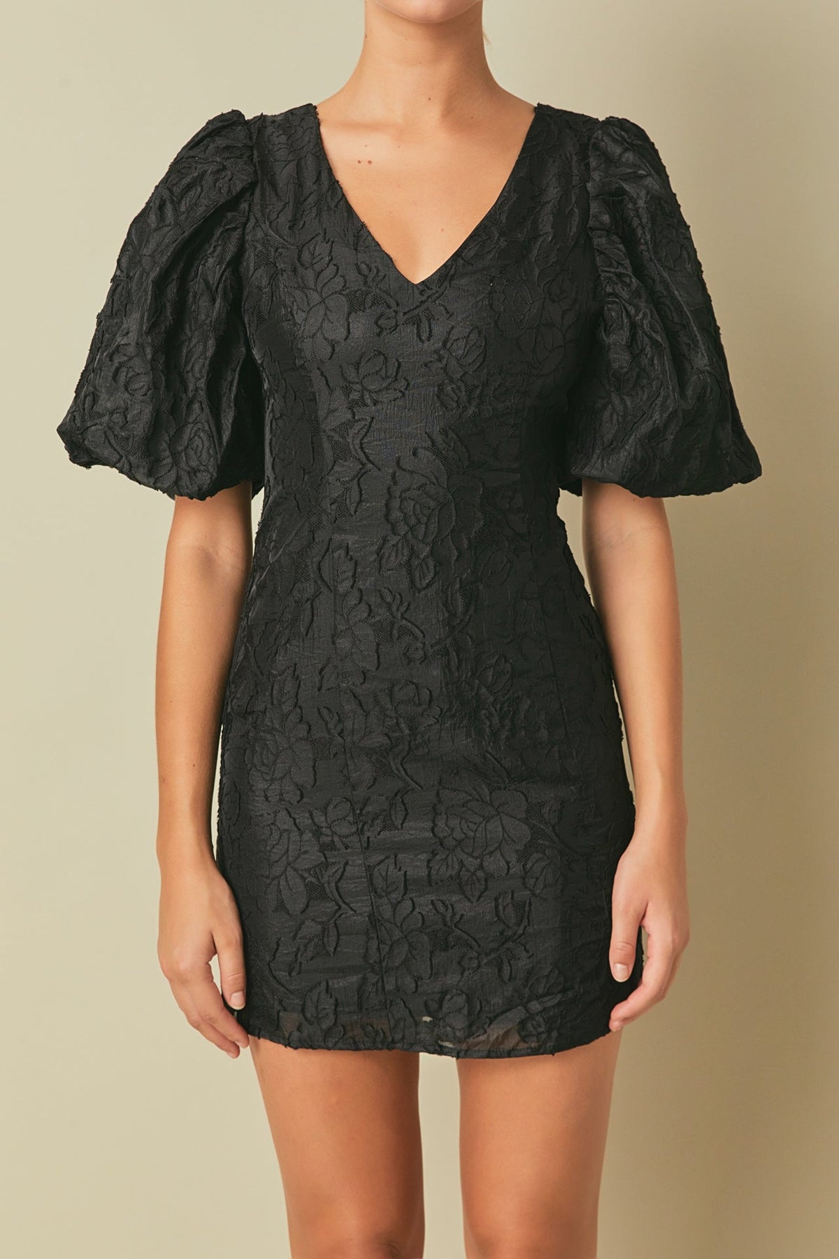 Floral Jacquard Puff Sleeve Mini Dress