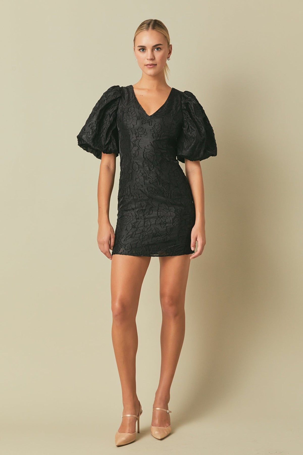 Floral Jacquard Puff Sleeve Mini Dress