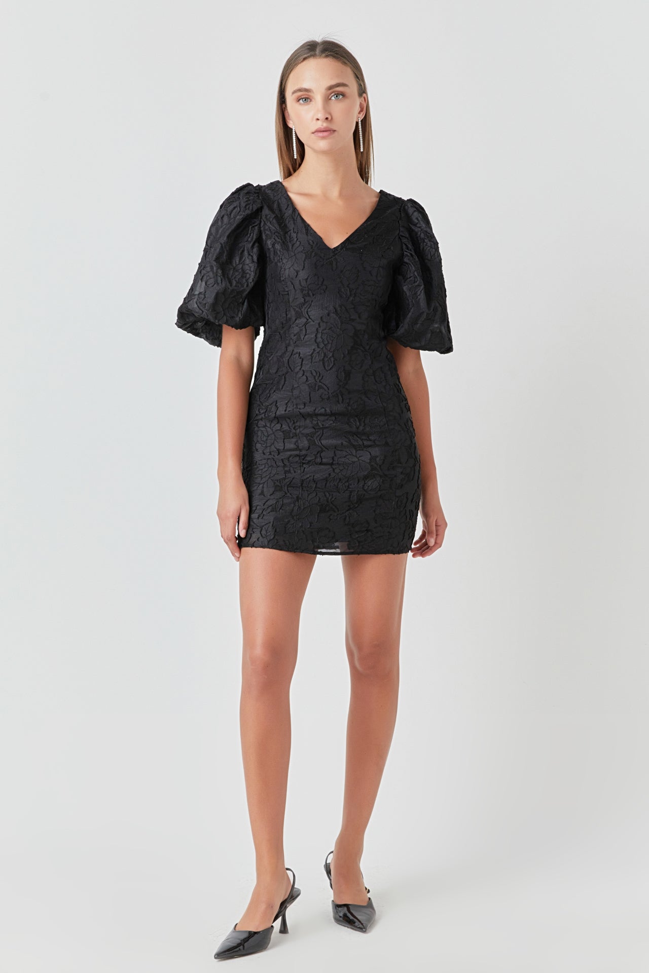 ENDLESS ROSE - Floral Jacquard Puff Sleeve Mini Dress - DRESSES available at Objectrare