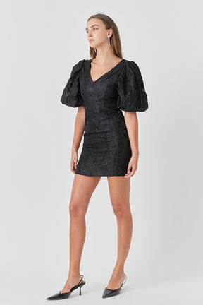 ENDLESS ROSE - Floral Jacquard Puff Sleeve Mini Dress - DRESSES available at Objectrare