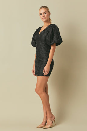 ENDLESS ROSE - Floral Jacquard Puff Sleeve Mini Dress - DRESSES available at Objectrare