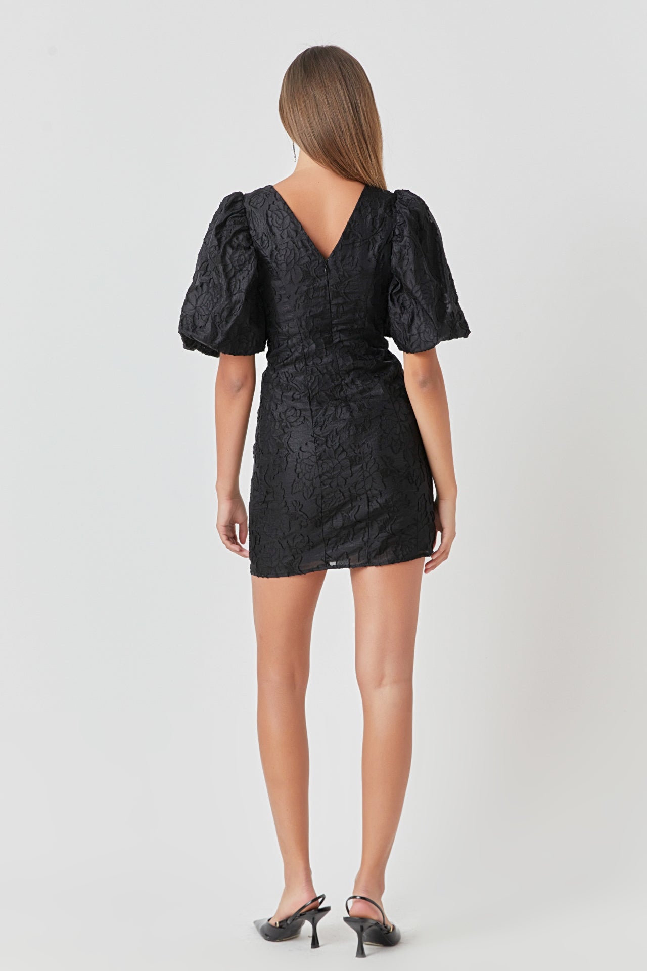ENDLESS ROSE - Floral Jacquard Puff Sleeve Mini Dress - DRESSES available at Objectrare