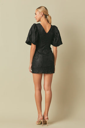 ENDLESS ROSE - Floral Jacquard Puff Sleeve Mini Dress - DRESSES available at Objectrare