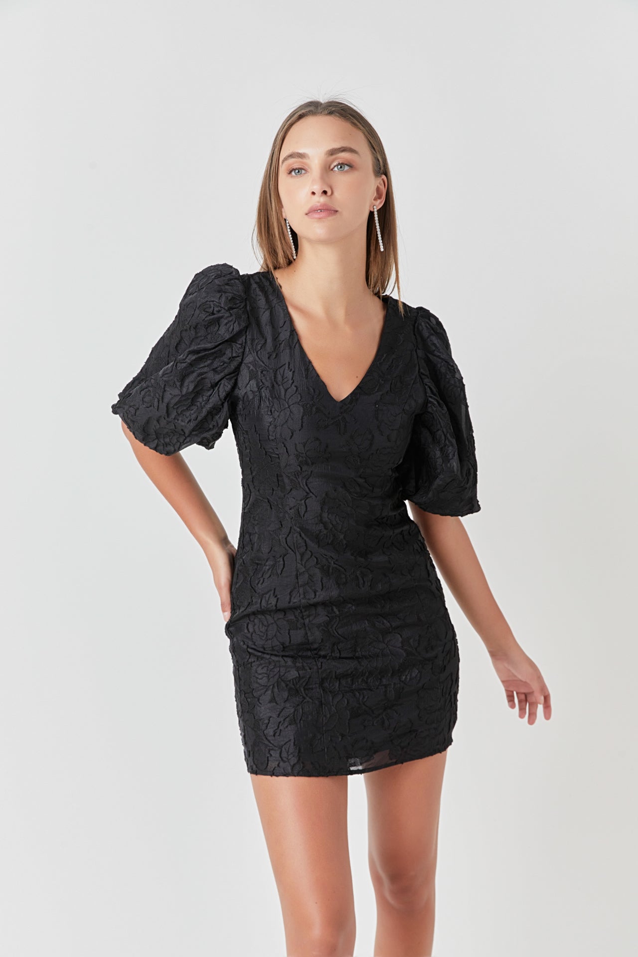 ENDLESS ROSE - Floral Jacquard Puff Sleeve Mini Dress - DRESSES available at Objectrare