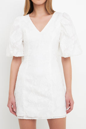 ENDLESS ROSE - Floral Jacquard Puff Sleeve Mini Dress - DRESSES available at Objectrare