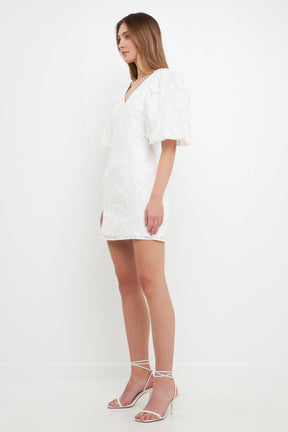 ENDLESS ROSE - Floral Jacquard Puff Sleeve Mini Dress - DRESSES available at Objectrare