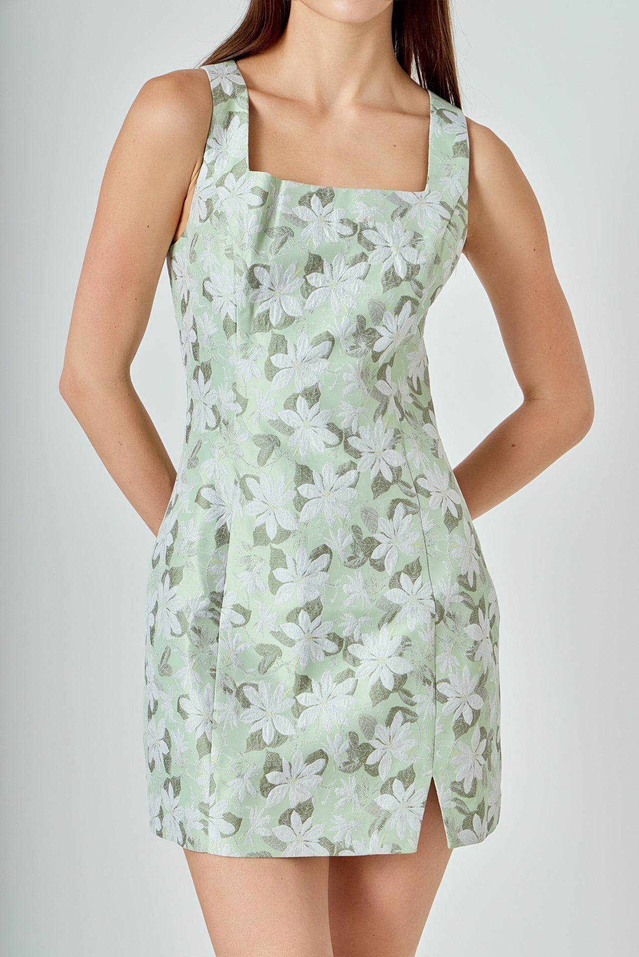 ENDLESS ROSE - Floral Jacquard Front Slit Mini Dress - DRESSES available at Objectrare