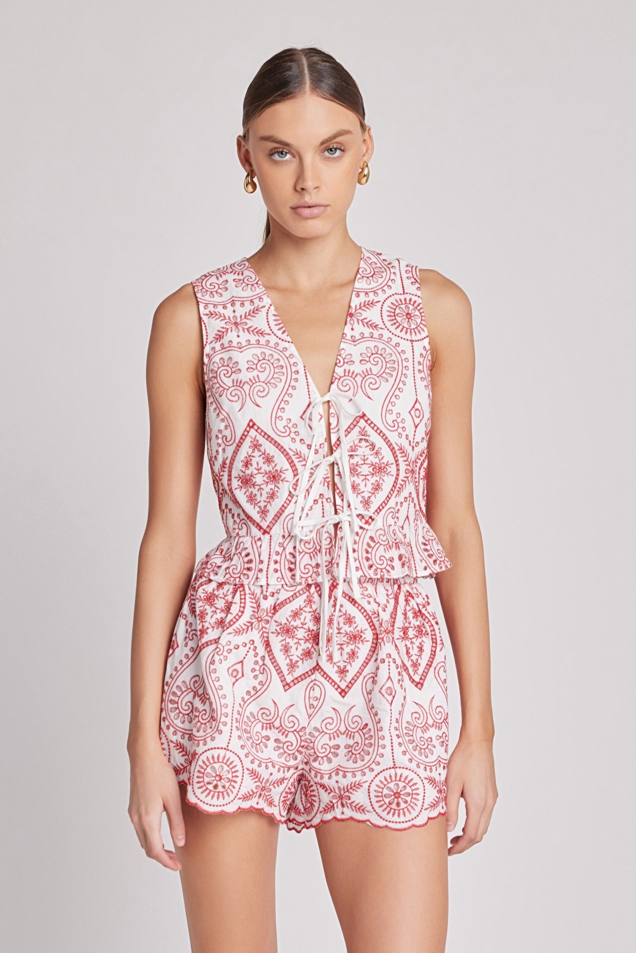 MARSY - Embroidered Front Tie Sleeveless Top - TOPS available at Objectrare