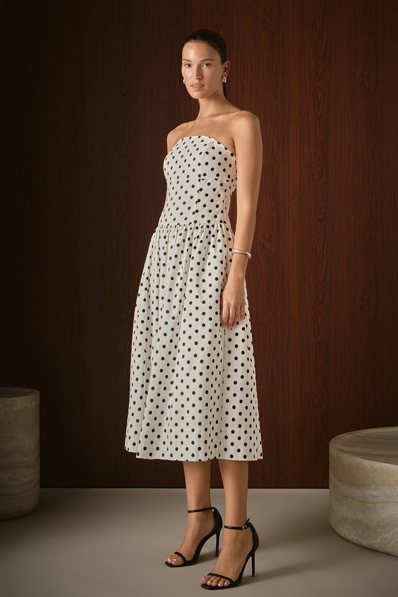 ENDLESS ROSE - Strapless Polka Dot Taffeta Midi Dress - DRESSES available at Objectrare