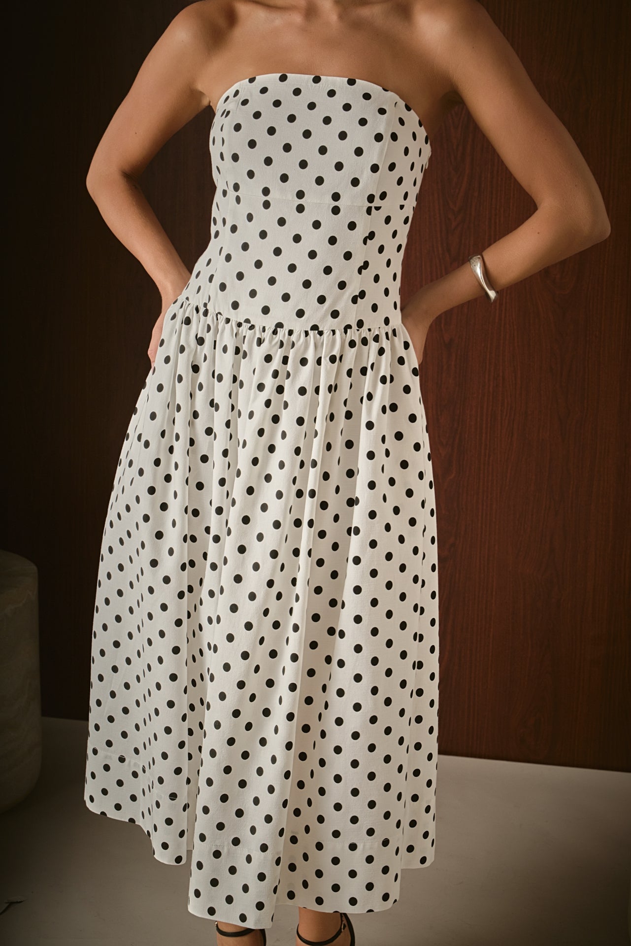 Strapless Polka Dot Taffeta Midi Dress Strapless Polka Dot Taffeta Midi Dress