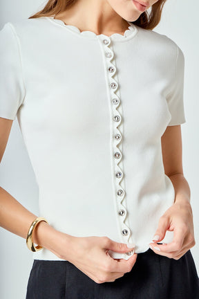 ENDLESS ROSE - Scalloped Accent Button Knit Top - TOPS available at Objectrare