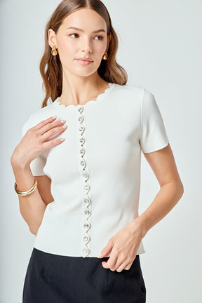 ENDLESS ROSE - Scalloped Accent Button Knit Top - TOPS available at Objectrare