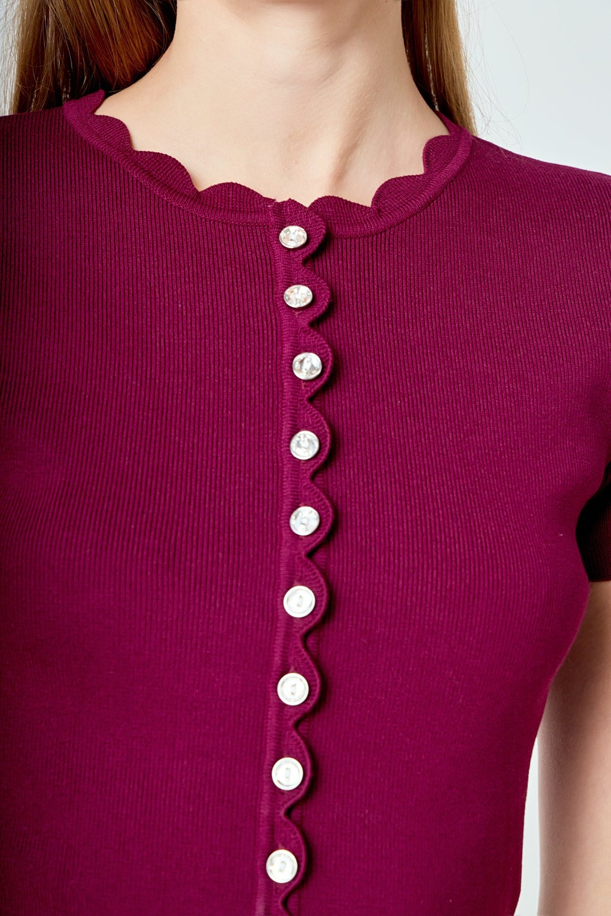 ENDLESS ROSE - Scalloped Accent Button Knit Top - TOPS available at Objectrare