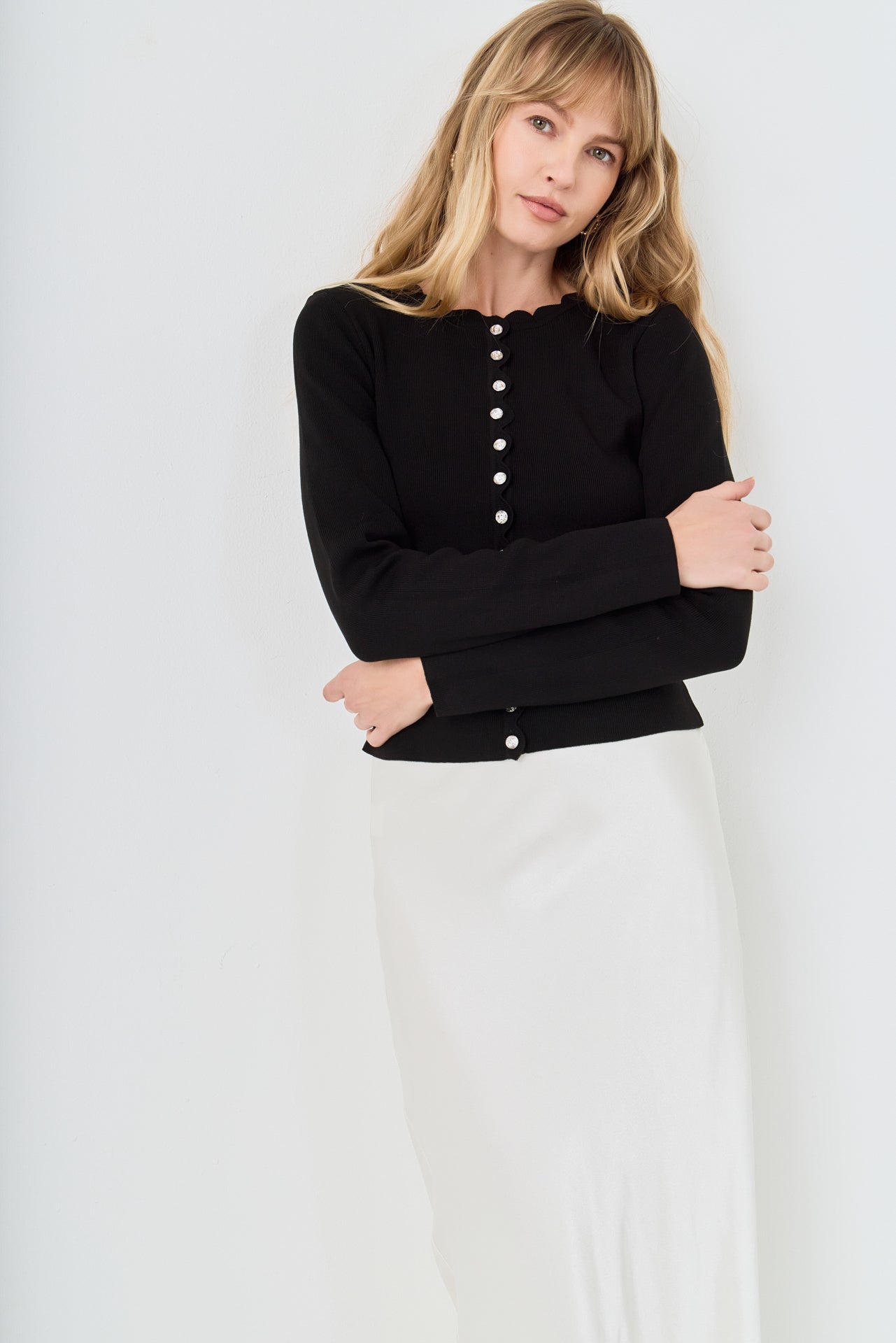 Scalloped Accent Split Long Cardigan