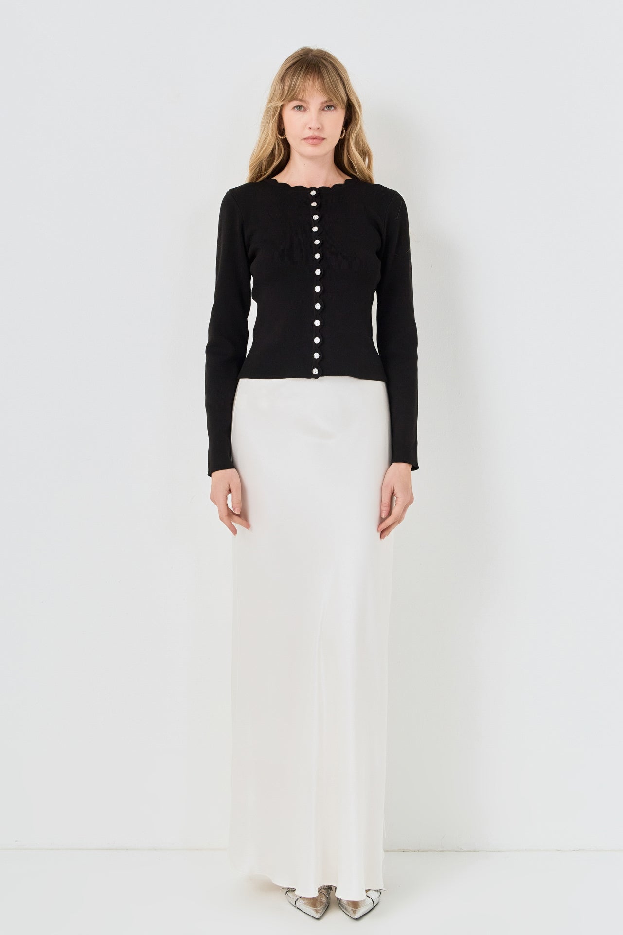 Scalloped Accent Split Long Cardigan