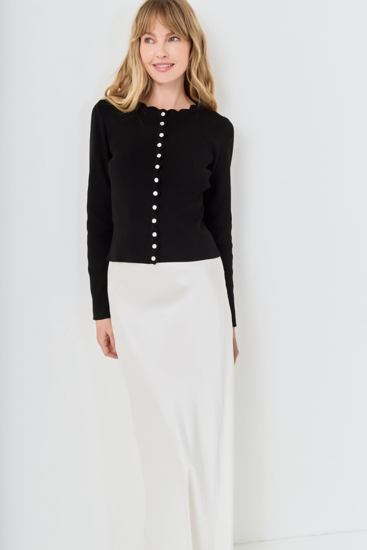 Scalloped Accent Split Long Cardigan