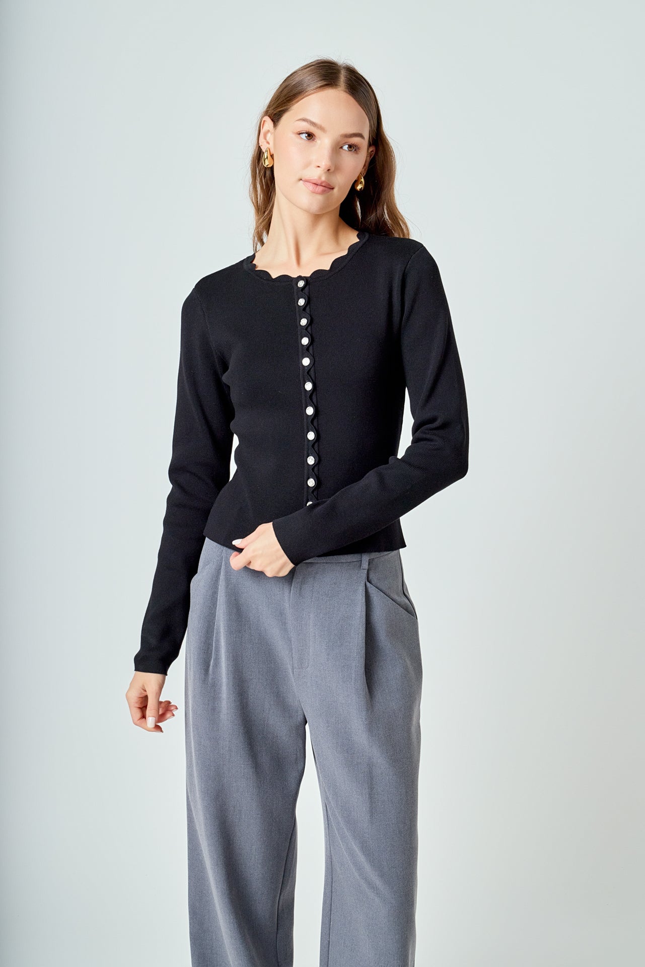 ENDLESS ROSE - Scalloped Accent Split Long Cardigan - SWEATERS & KNITS available at Objectrare