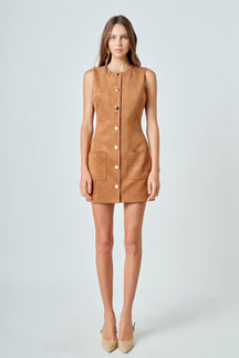 ENDLESS ROSE - Faux Suede Round Neck Buttoned Mini Dress - DRESSES available at Objectrare