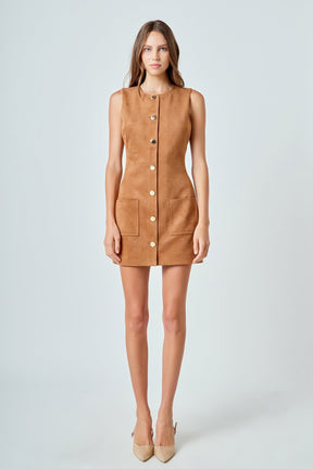 ENDLESS ROSE - Faux Suede Round Neck Buttoned Mini Dress - DRESSES available at Objectrare