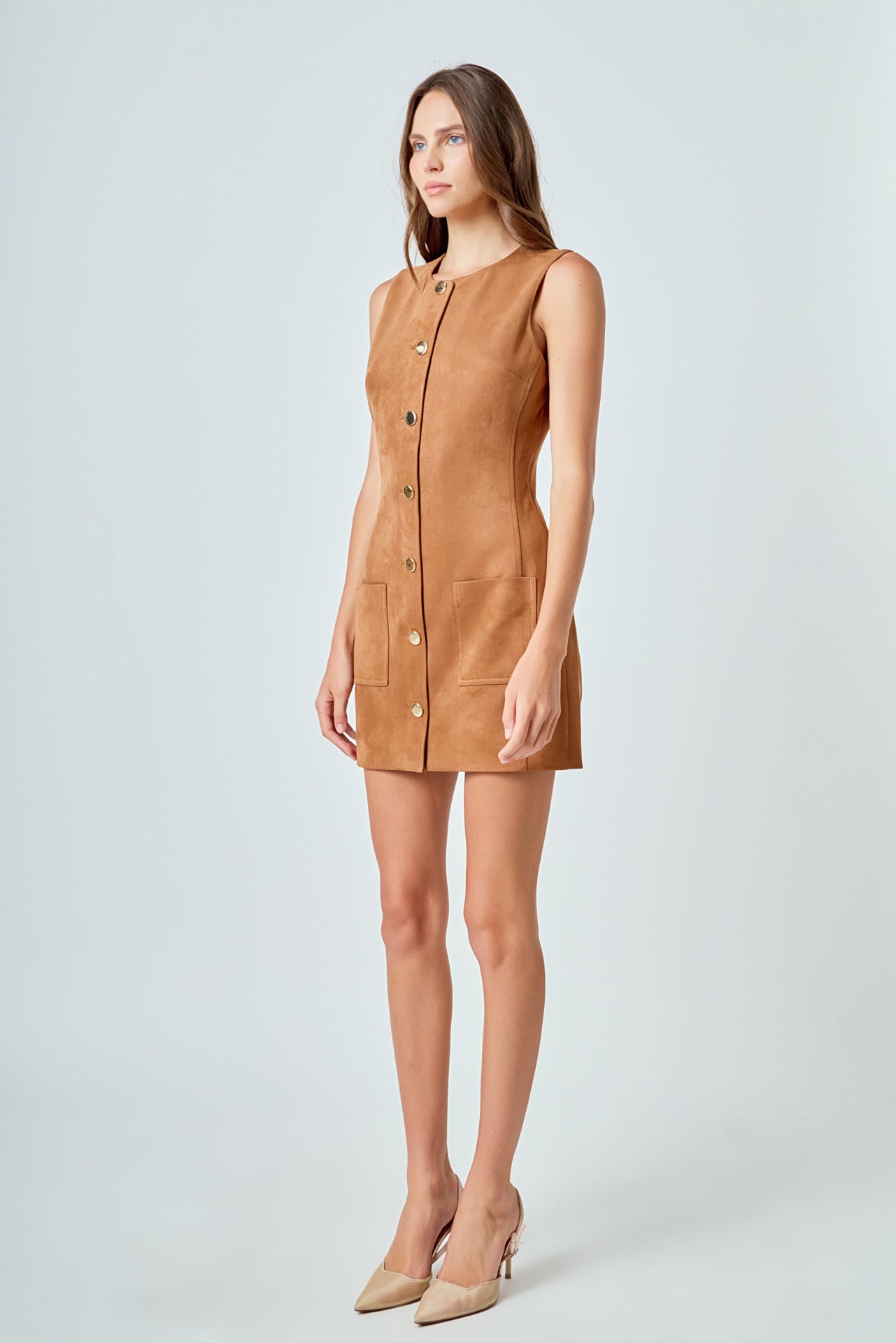 ENDLESS ROSE - Faux Suede Round Neck Buttoned Mini Dress - DRESSES available at Objectrare