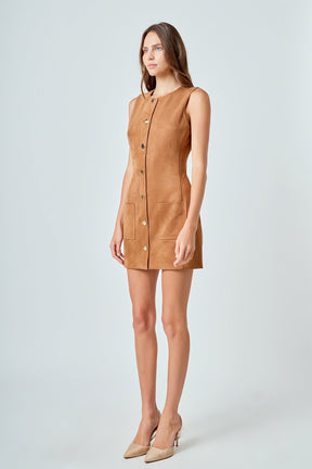 ENDLESS ROSE - Faux Suede Round Neck Buttoned Mini Dress - DRESSES available at Objectrare