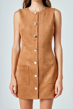ENDLESS ROSE - Faux Suede Round Neck Buttoned Mini Dress - DRESSES available at Objectrare