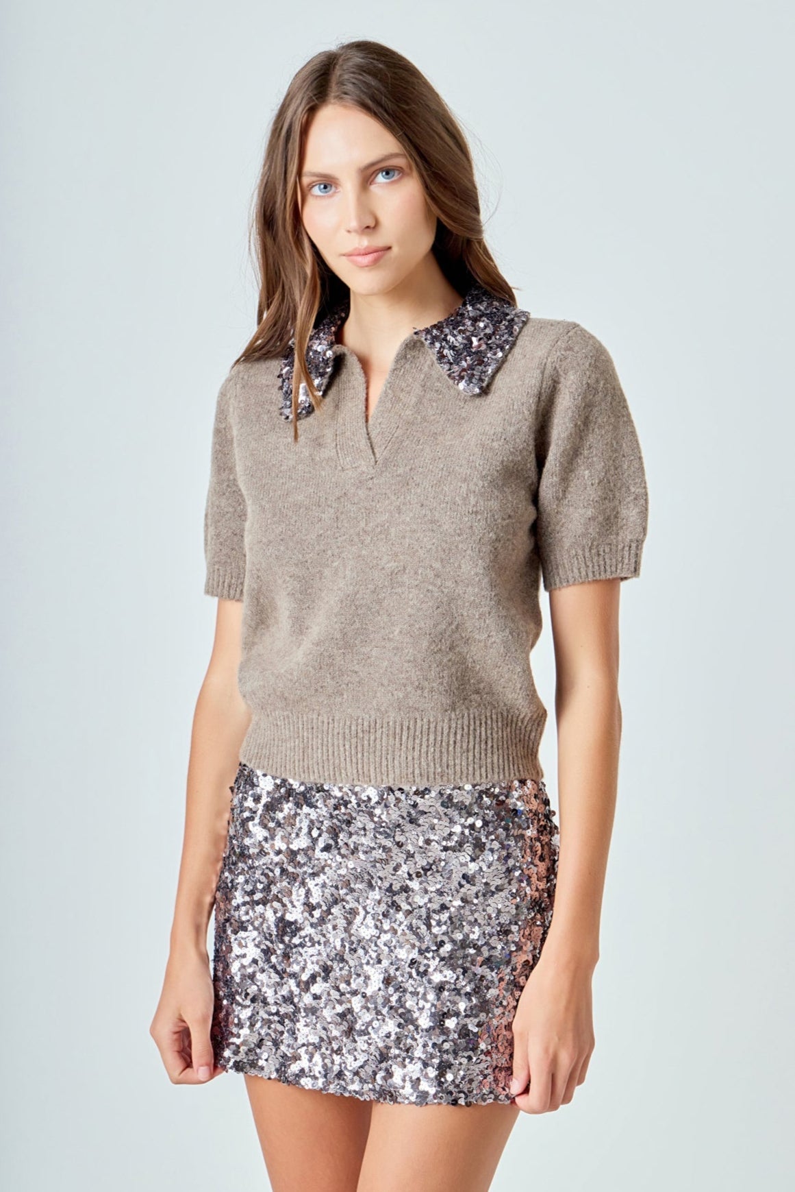 ENDLESS ROSE - Sequin Accent Collar Knit Sweater Top - SWEATERS & KNITS available at Objectrare