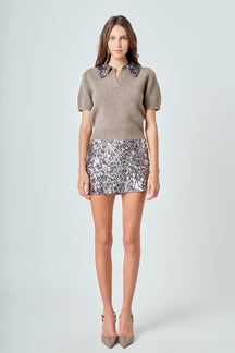 ENDLESS ROSE - Sequin Accent Collar Knit Sweater Top - SWEATERS & KNITS available at Objectrare