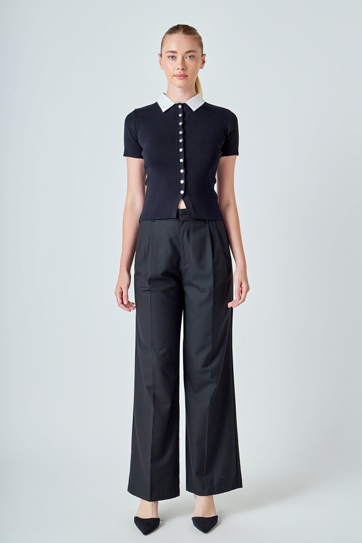 ENDLESS ROSE - Jewel Buttoned Collared Color Block Top - TOPS available at Objectrare