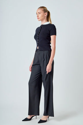 ENDLESS ROSE - Jewel Buttoned Collared Color Block Top - TOPS available at Objectrare