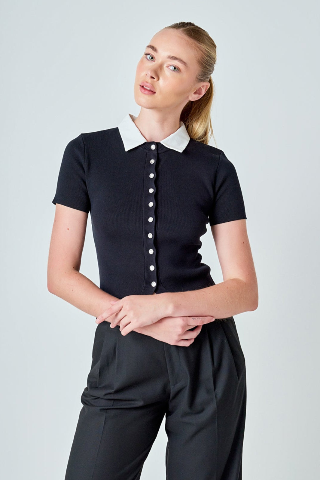 ENDLESS ROSE - Jewel Buttoned Collared Color Block Top - TOPS available at Objectrare