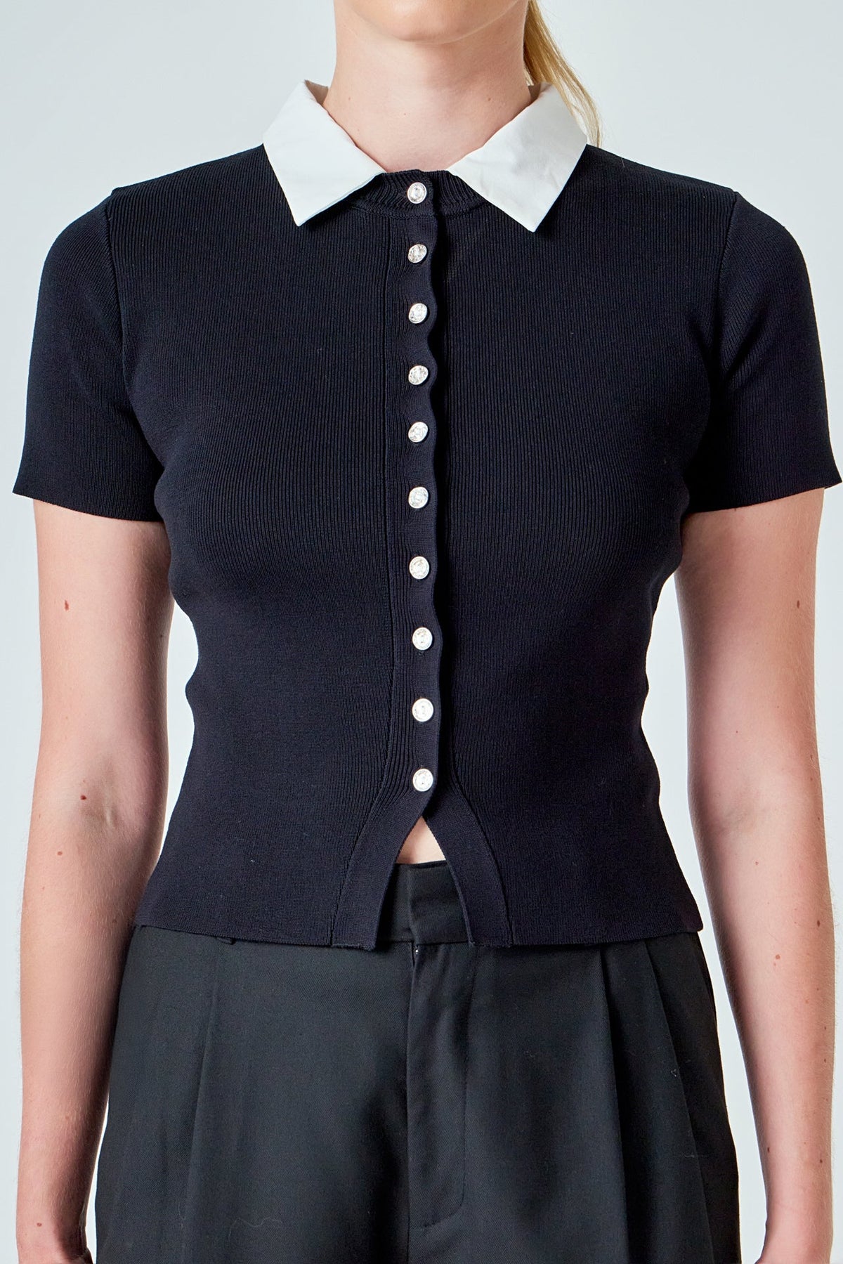 ENDLESS ROSE - Jewel Buttoned Collared Color Block Top - TOPS available at Objectrare