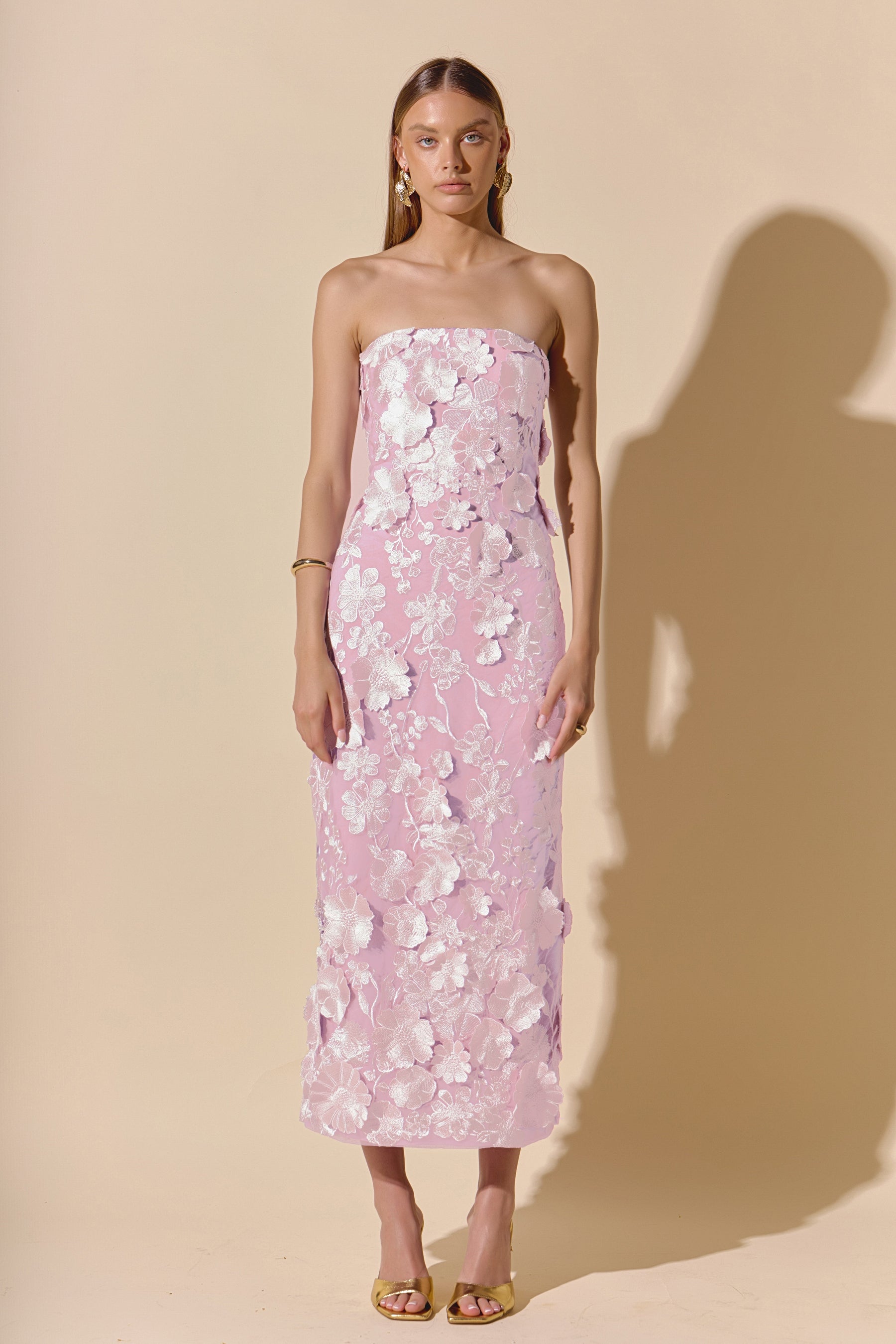 endless rose strapless textured column midi dress Strapless 3D Applique Midi Dress