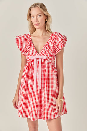 LA'VEN - Gingham Blouson Shoulder Mini Dress - DRESSES available at Objectrare