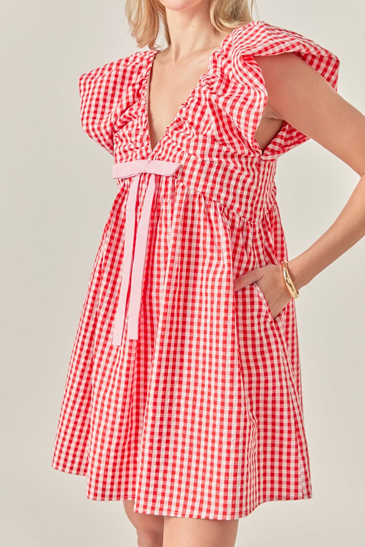 LA'VEN - Gingham Blouson Shoulder Mini Dress - DRESSES available at Objectrare