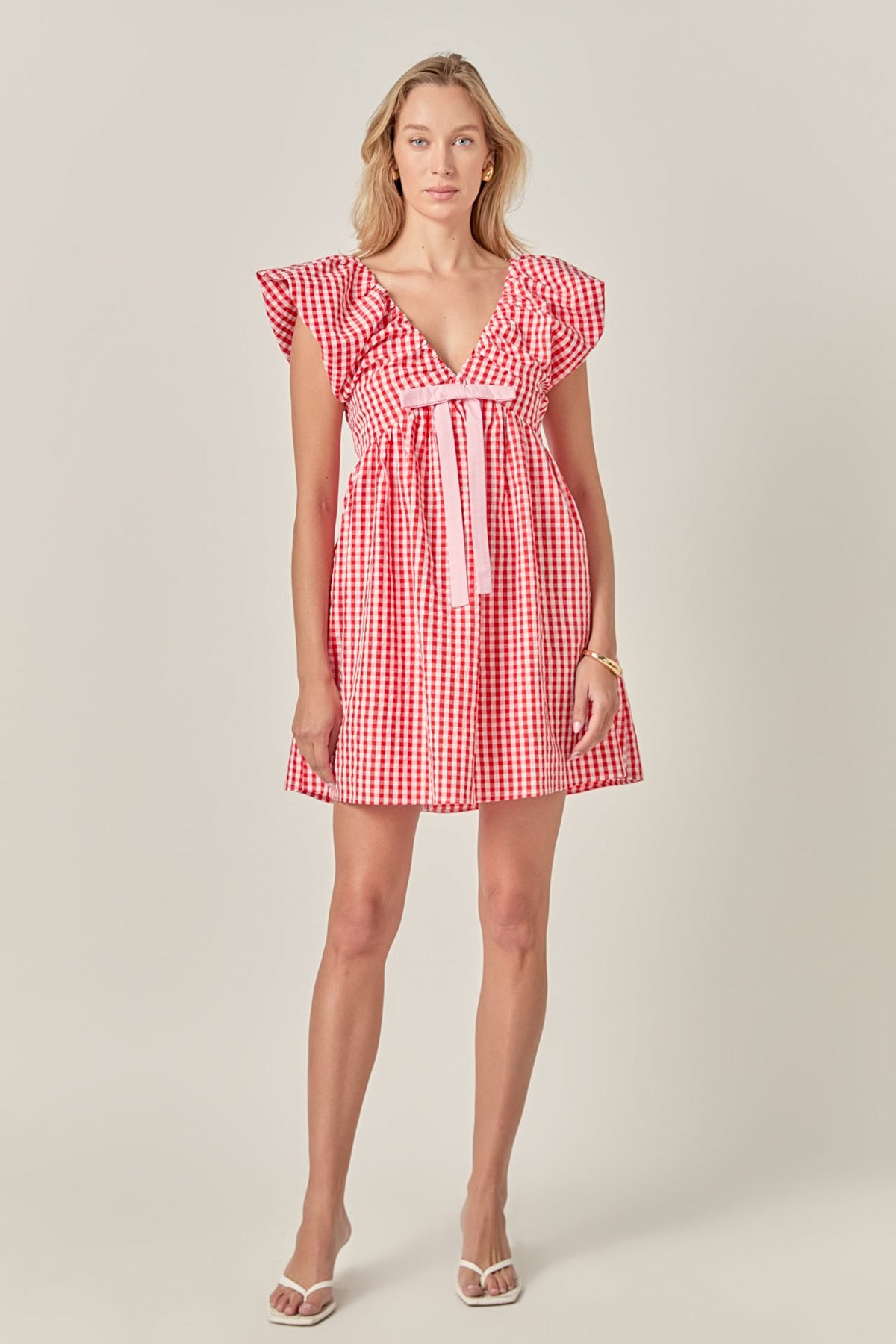 LA'VEN - Gingham Blouson Shoulder Mini Dress - DRESSES available at Objectrare