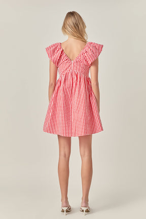 LA'VEN - Gingham Blouson Shoulder Mini Dress - DRESSES available at Objectrare