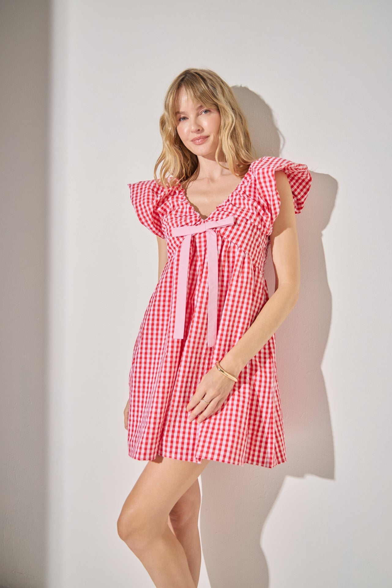 LA'VEN - Gingham Blouson Shoulder Mini Dress - DRESSES available at Objectrare