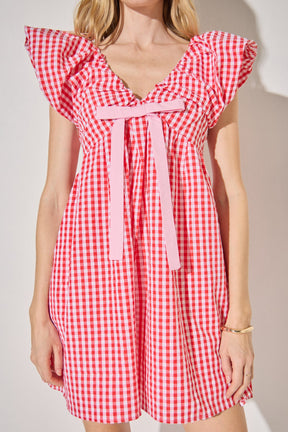 LA'VEN - Gingham Blouson Shoulder Mini Dress - DRESSES available at Objectrare